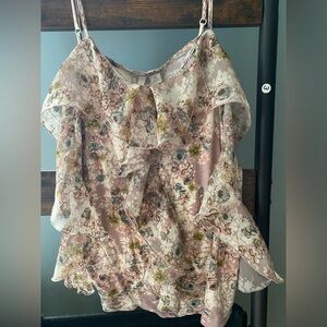 LC Lauren Conrad Pink and Cream Floral Top